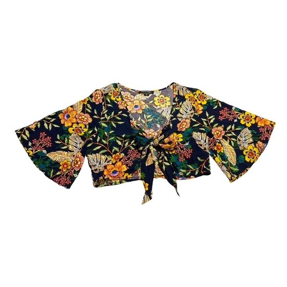 New Look Floral Tie-Front Crop Top Boho Kimono Sleeve Navy Multicolor Size M - Picture 7 of 8